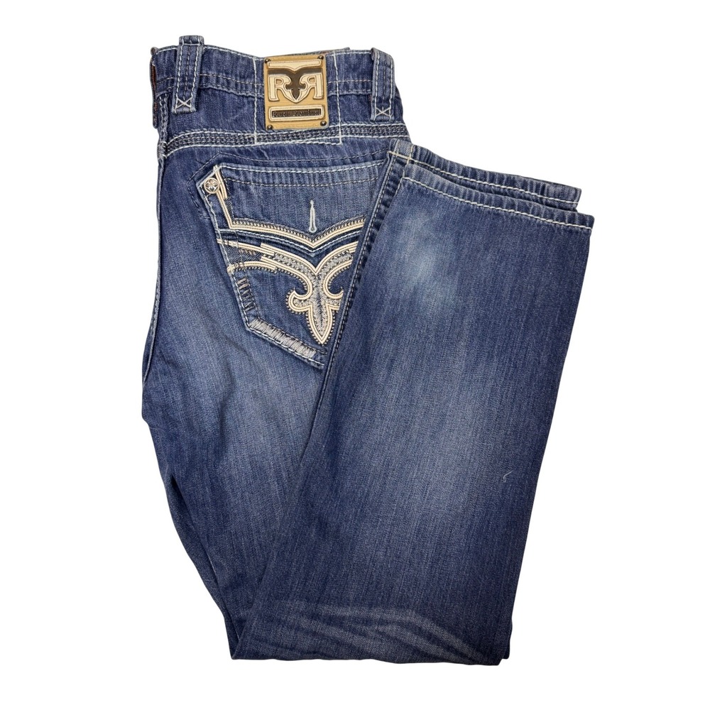 Rock Revival Men Straight Blue Jeans Medium Wash Embroidered Men 36X32